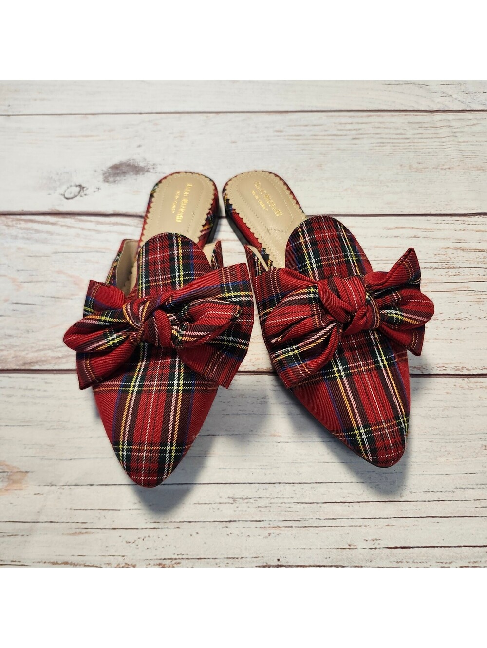 Isaac Mizrahi New York Red Plaid Bow Slip-On Mules Size 9.5 New